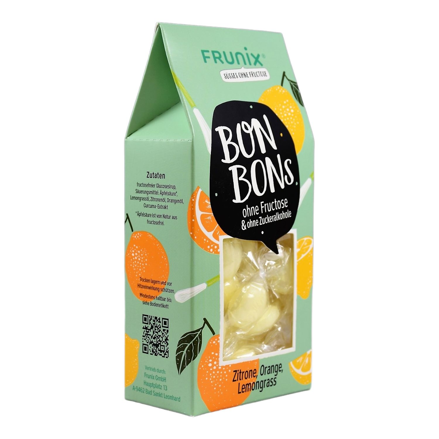 Frunix Bonbons Zitrone, Orange, Lemongrass in Verpackung. Sichtbar: Bonbons, ohne Fructose & Zuckeralkohole.