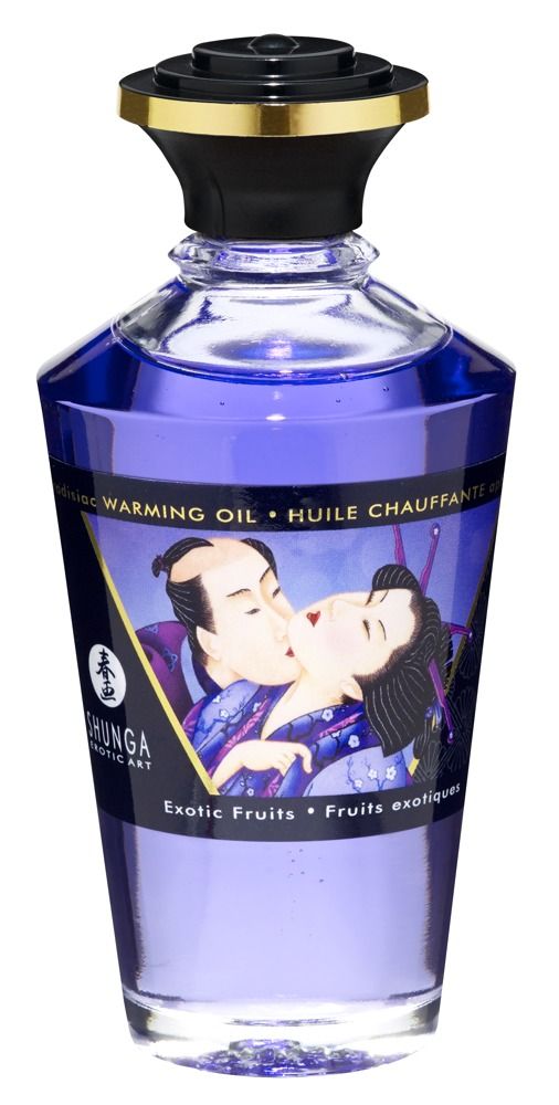Glasflasche mit blauem Öl. Abbildung eines küssenden Paares. Aufschrift: Shunga, Exotic Fruits, Warming Oil.