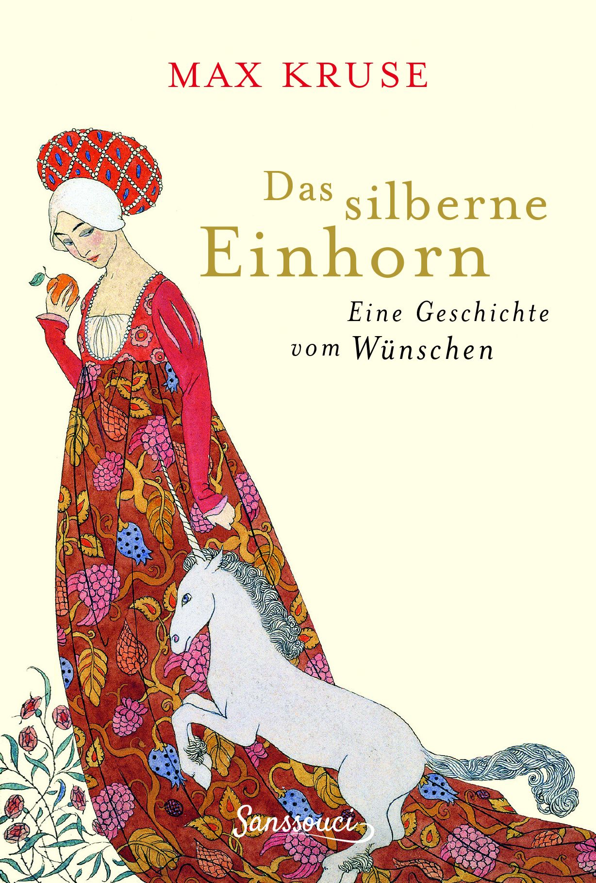 Buchcover: "Das silberne Einhorn". Illustration einer Frau mit Apfel und Einhorn. Titel und Autor sichtbar.
