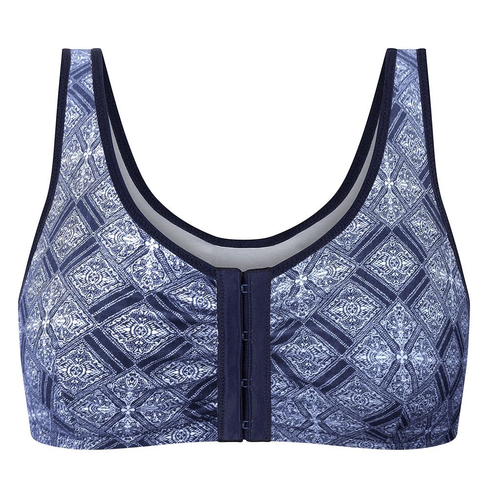 Blauer BH mit geometrischem Muster und Frontverschluss. Breite Träger und dunkle Einfassung. Vorderseite mit Hakenverschluss.