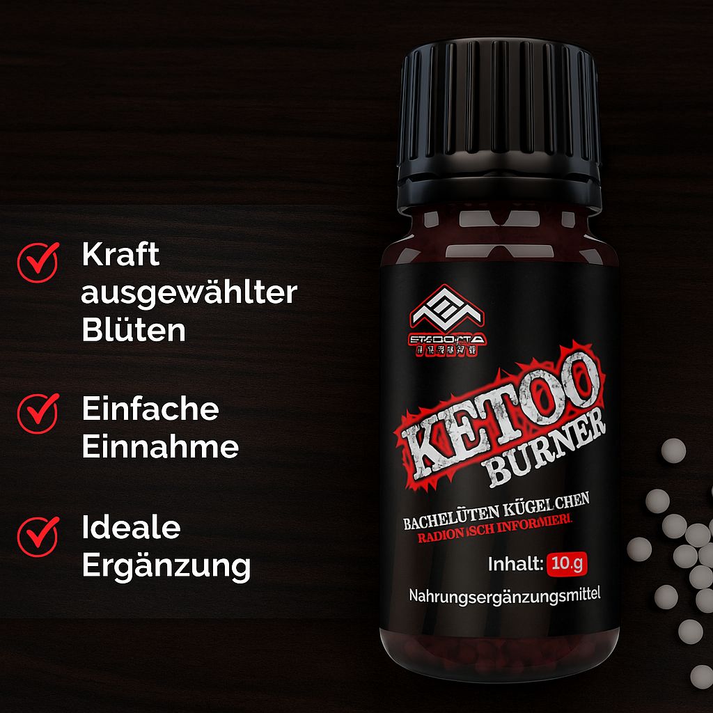 Braune Flasche mit schwarzem Deckel. Aufschrift: KETOO BURNER, Bachblüten Kügelchen. Drei rote Häkchen neben Texten. Inhalt: 10 g.