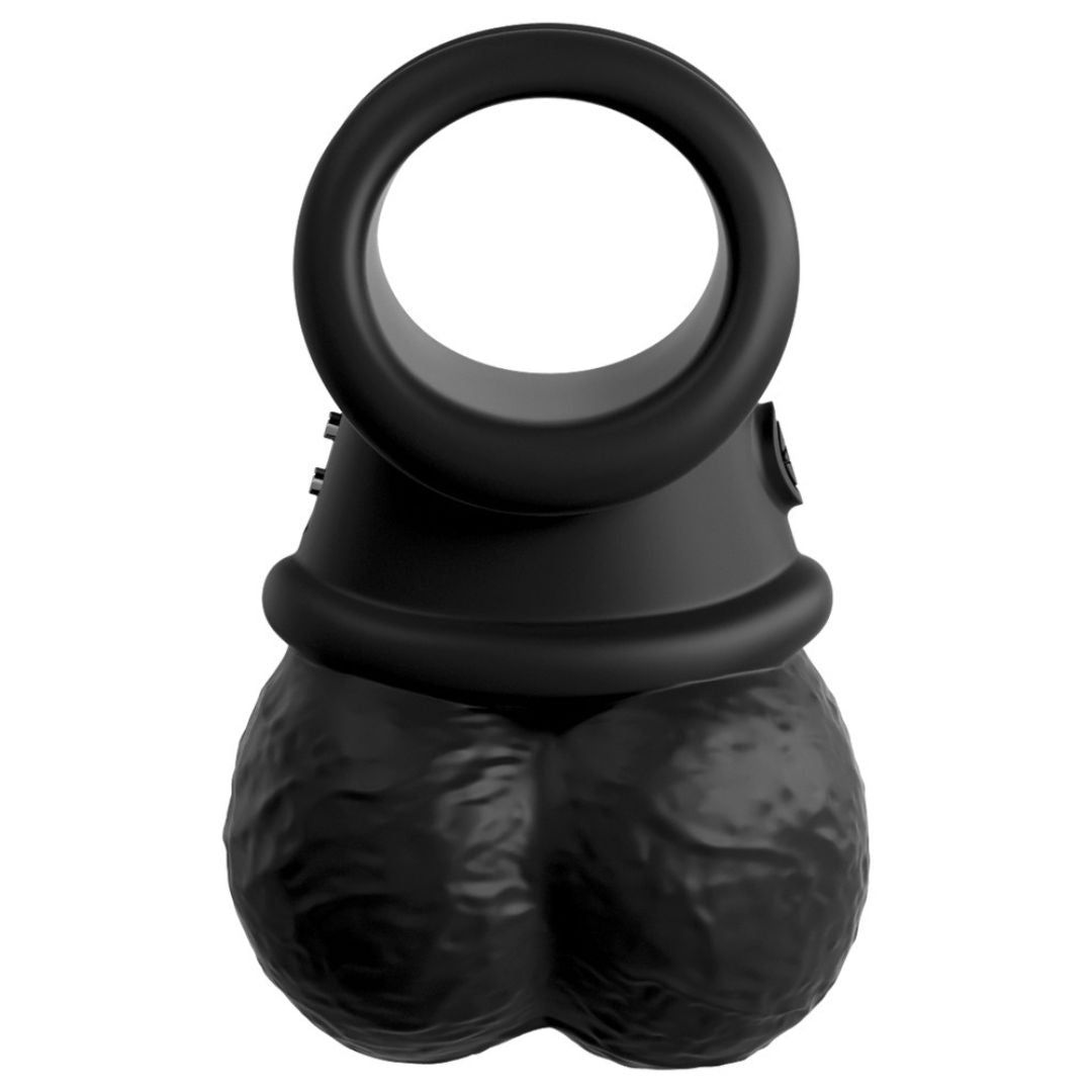 Schwarzer Penisring mit Ring und Basis. Zwei kugelförmige Elemente unten. Logo auf der Seite.