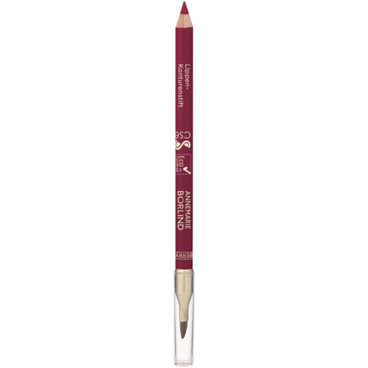 Lippenkonturenstift von Annemarie Börlind. Dunkelroter Stift mit transparenter Kappe. Text: Lippen-Konturenstift, Börlind, CSE.