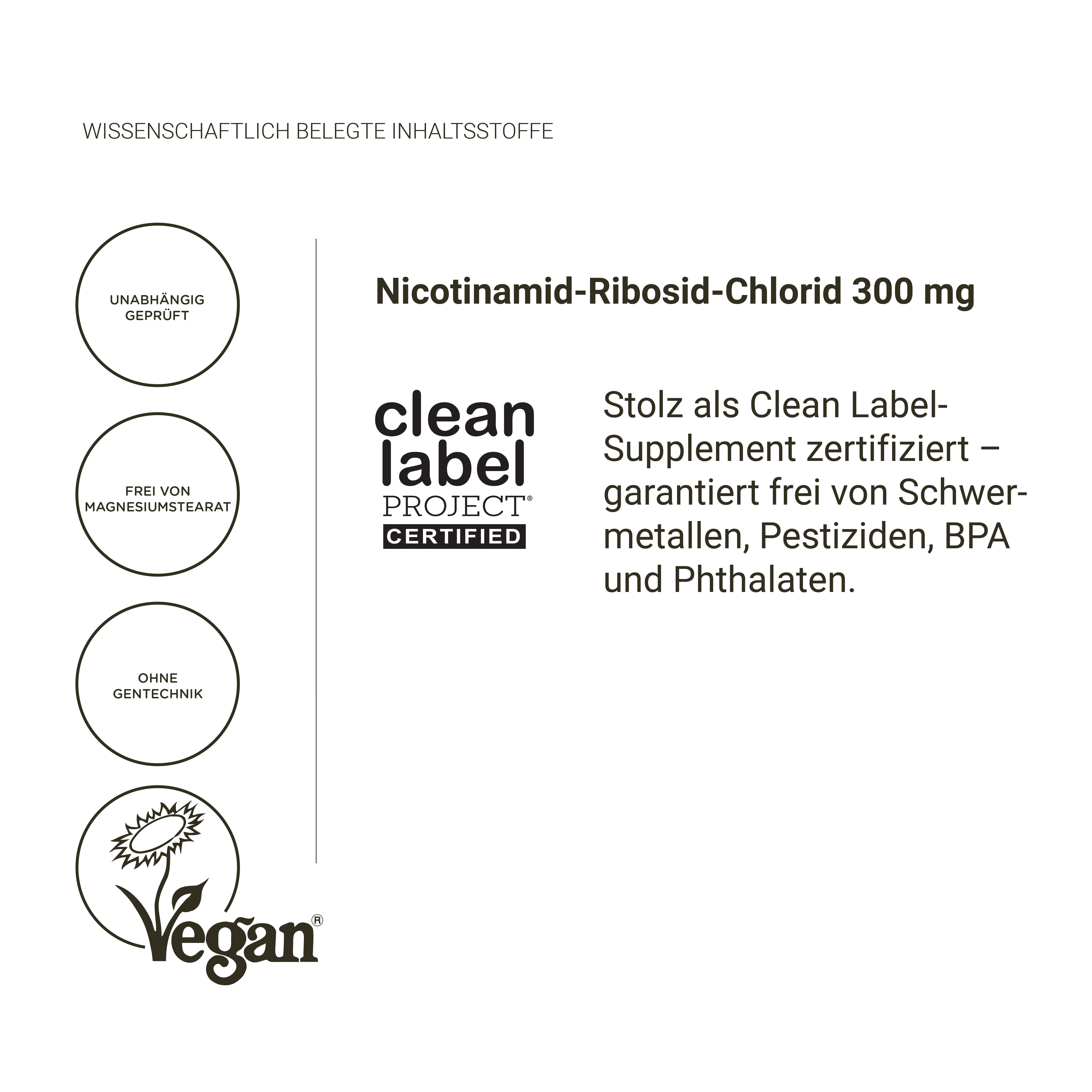 Text: Nicotinamid-Ribosid-Chlorid 300 mg. Clean Label Project zertifiziert. Vegan.