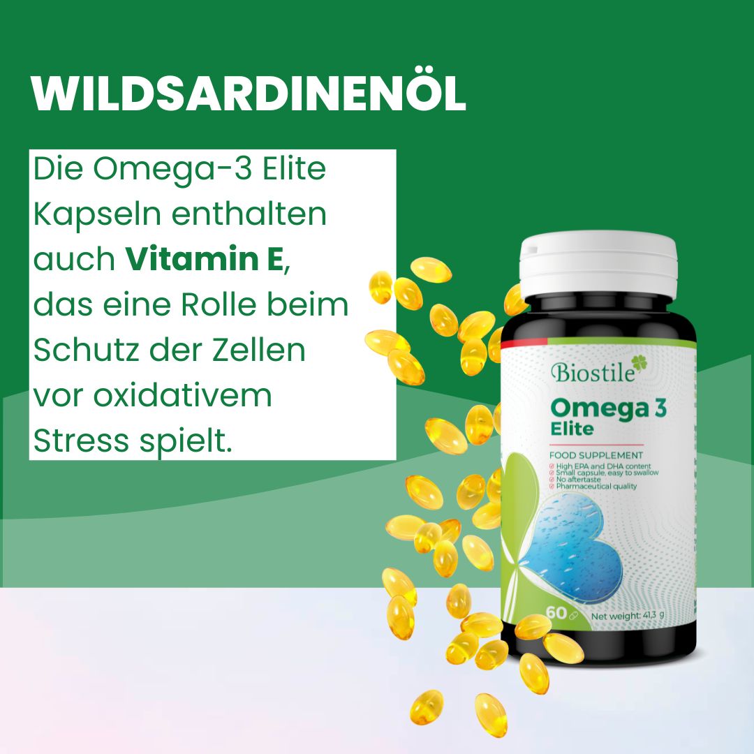 Biostile Omega 3 Elite. Flasche mit 60 Kapseln. Aufschrift: Nahrungsergänzungsmittel. Gelbe Kapseln daneben. Grüner Hintergrund.