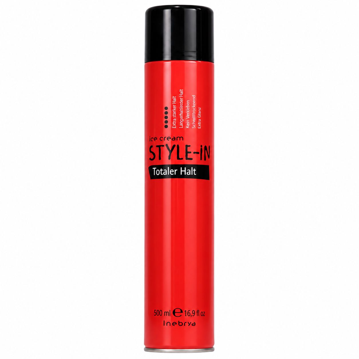 Rote Dose Haarspray mit schwarzem Verschluss, Marke Style-in Totaler Halt, 500 ml.