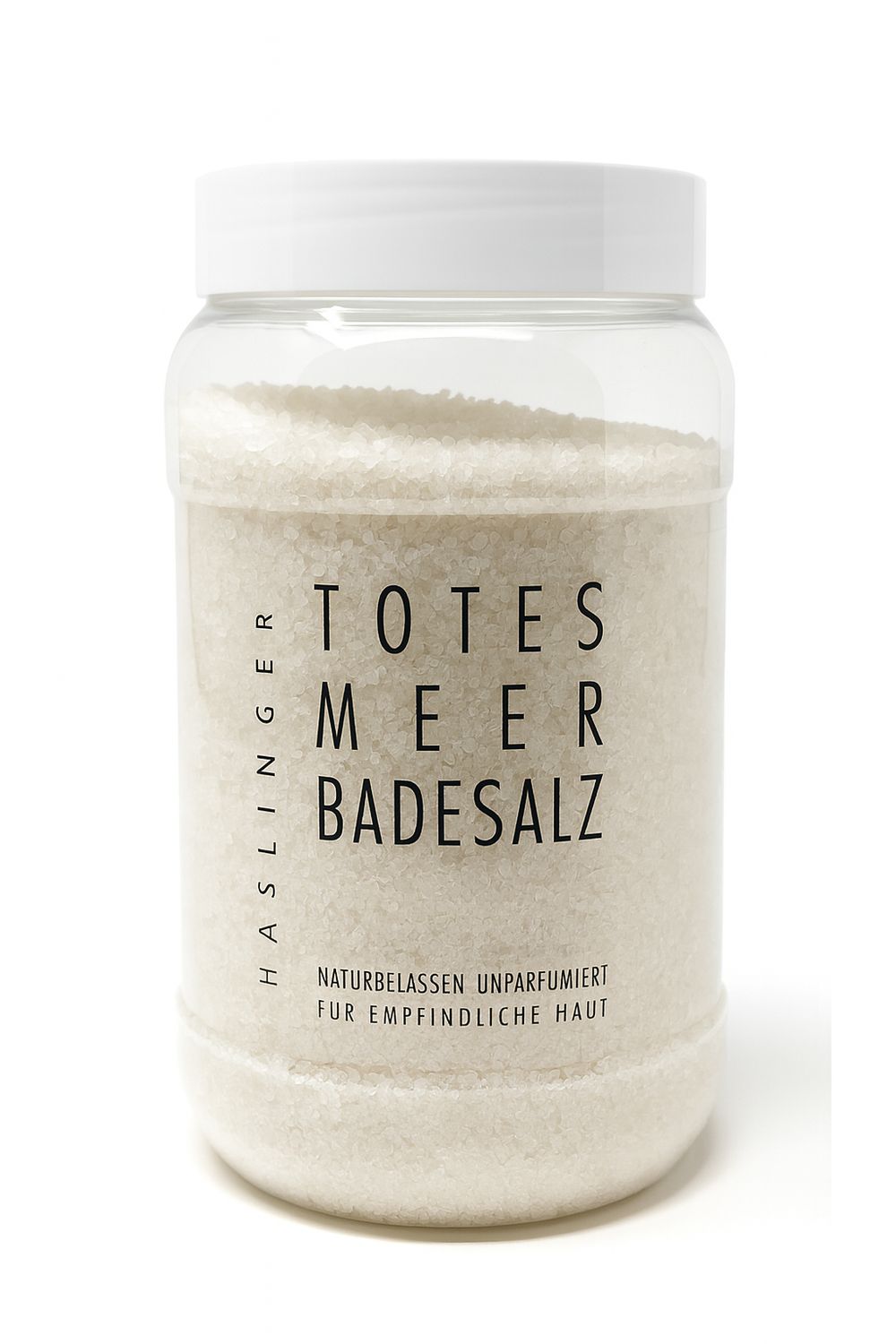 Transparente Dose mit Badesalz. Aufschrift: Totes Meer Badesalz. Text: Naturbelassen, unparfümiert für empfindliche Haut.