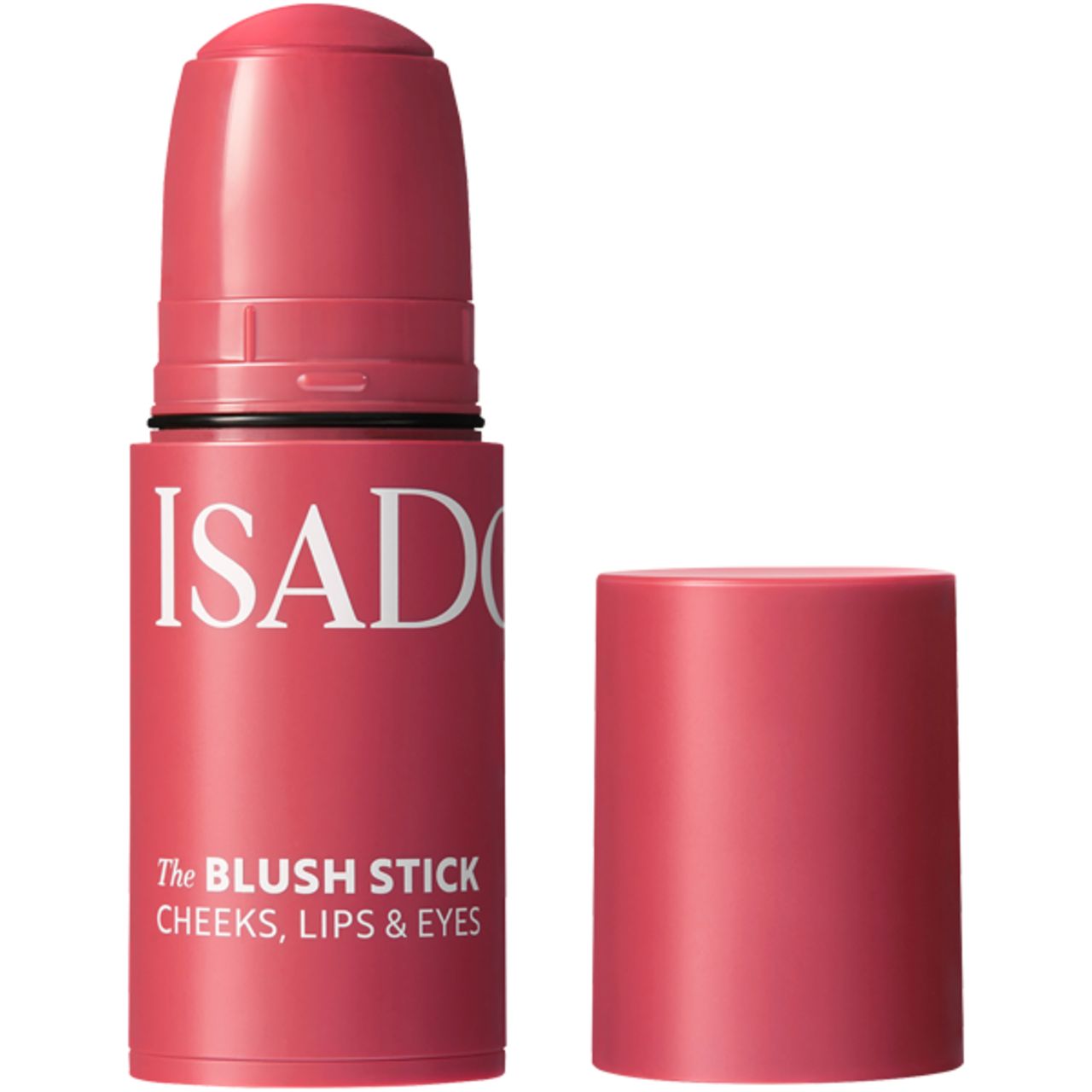 Rosa Blush Stick mit geöffneter Kappe. Aufschrift: IsaDora, The Blush Stick, Cheeks, Lips & Eyes.