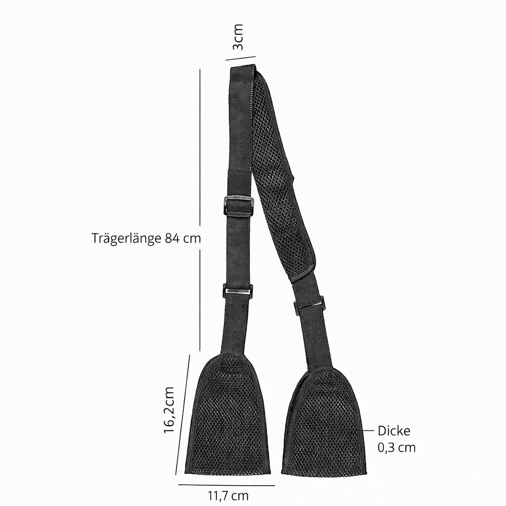 Schwarze Armschlinge mit Doppelstütze. Maße: 84 cm Trägerlänge, 16,2 cm Höhe, 11,7 cm Breite, 0,3 cm Dicke. Verstellbare Gurte und Schnallen.