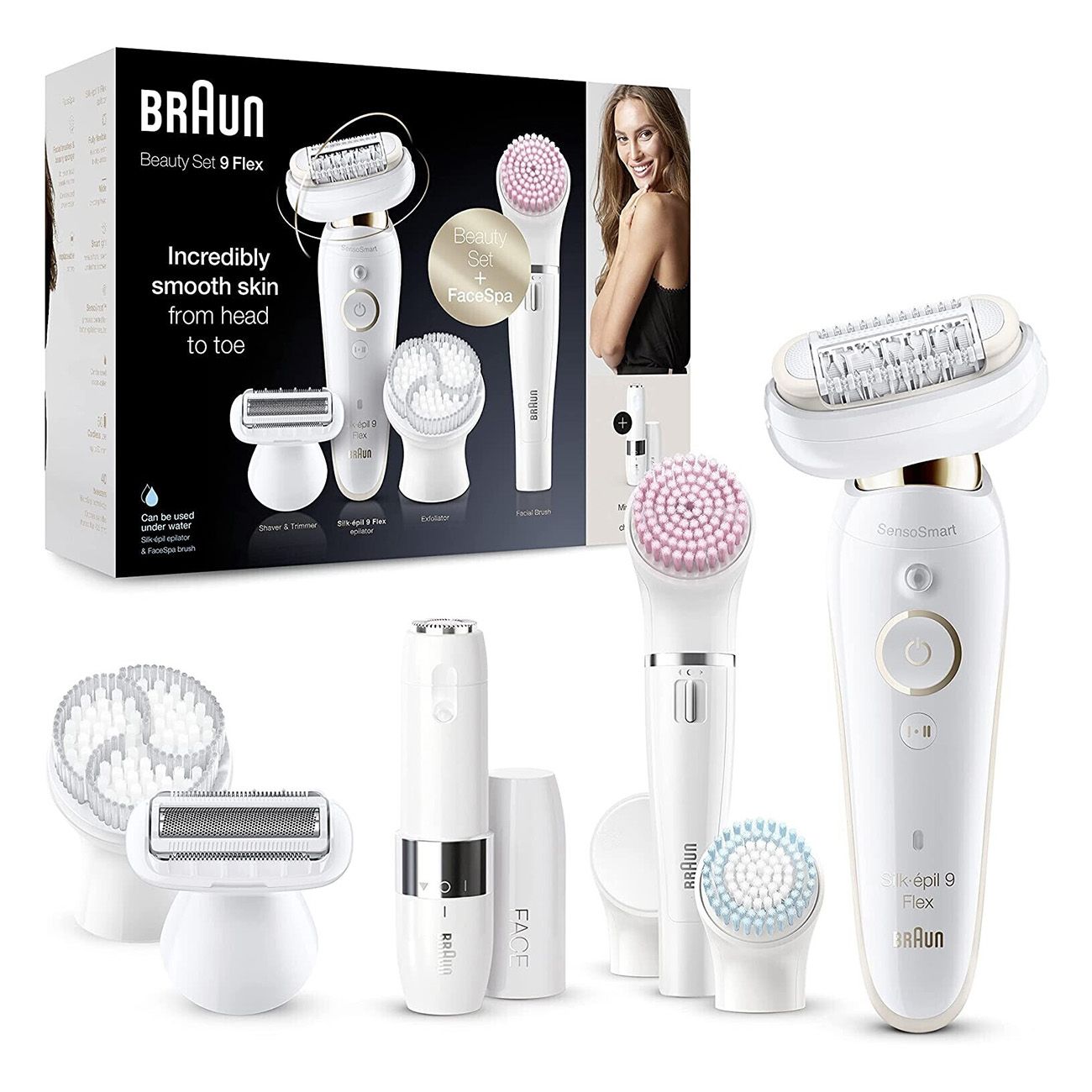 Produktverpackung mit Epilierer und Zubehör. Aufschrift: "Braun Beauty Set 9 Flex". Abgebildet sind verschiedene Aufsätze und eine Frau.
