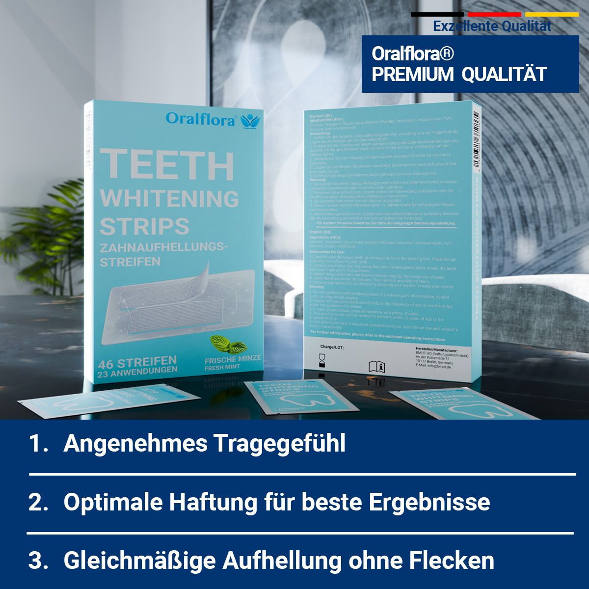 Packung und Einzelverpackungen von Zahnaufhellungsstreifen. Aufschrift: Premium Qualität, 46 Streifen, angenehmes Tragegefühl.