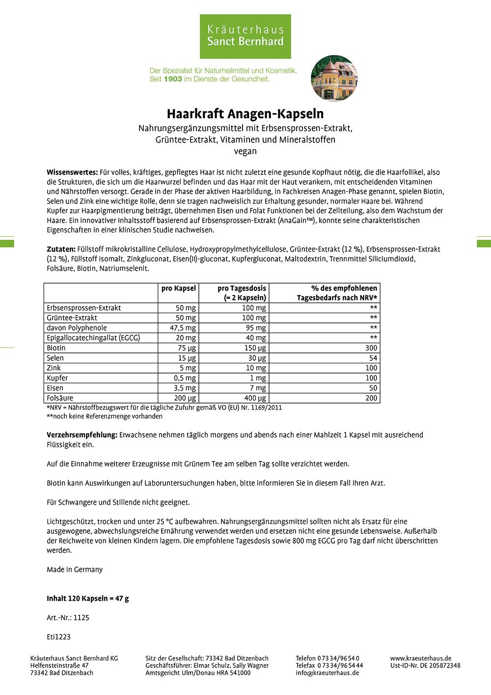 Sanct Bernhard Haarkraft Anagen-Kapseln 120 St Kapseln