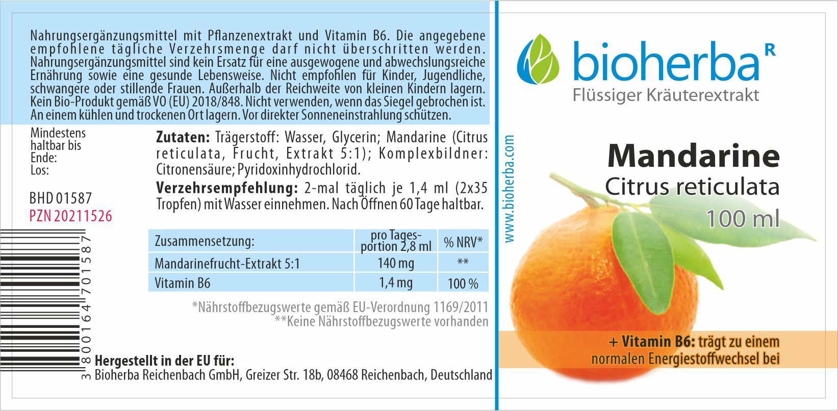 Braune Glasflasche mit schwarzem Deckel. Etikett mit Produktname, Mandarine-Abbildung und Text. Marke: Bioherba.