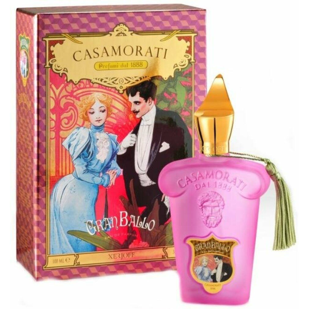 Rosa Flakon mit goldener Kappe und Quaste. Verpackung mit Abbildung eines Paares. Schriftzug: Casamorati, Gran Ballo, Xerjoff.