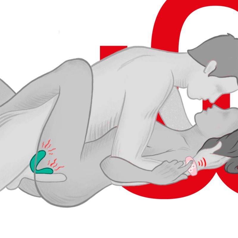 Illustration: Mann bedient rosa Fernbedienung, Frau nutzt Vibrator.