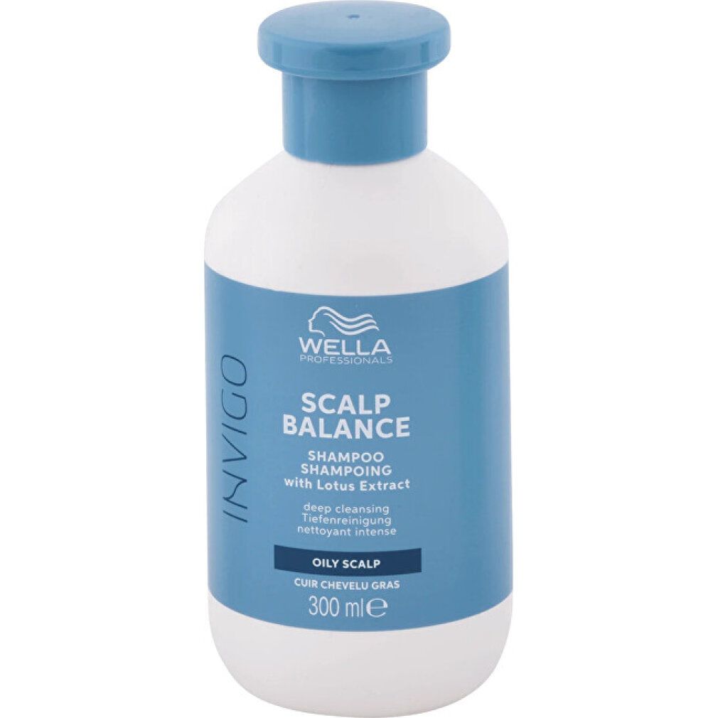 Weiße Flasche mit blauem Deckel. Aufschrift: Wella Invigo Scalp Balance Shampoo, 300 ml, für fettige Kopfhaut.
