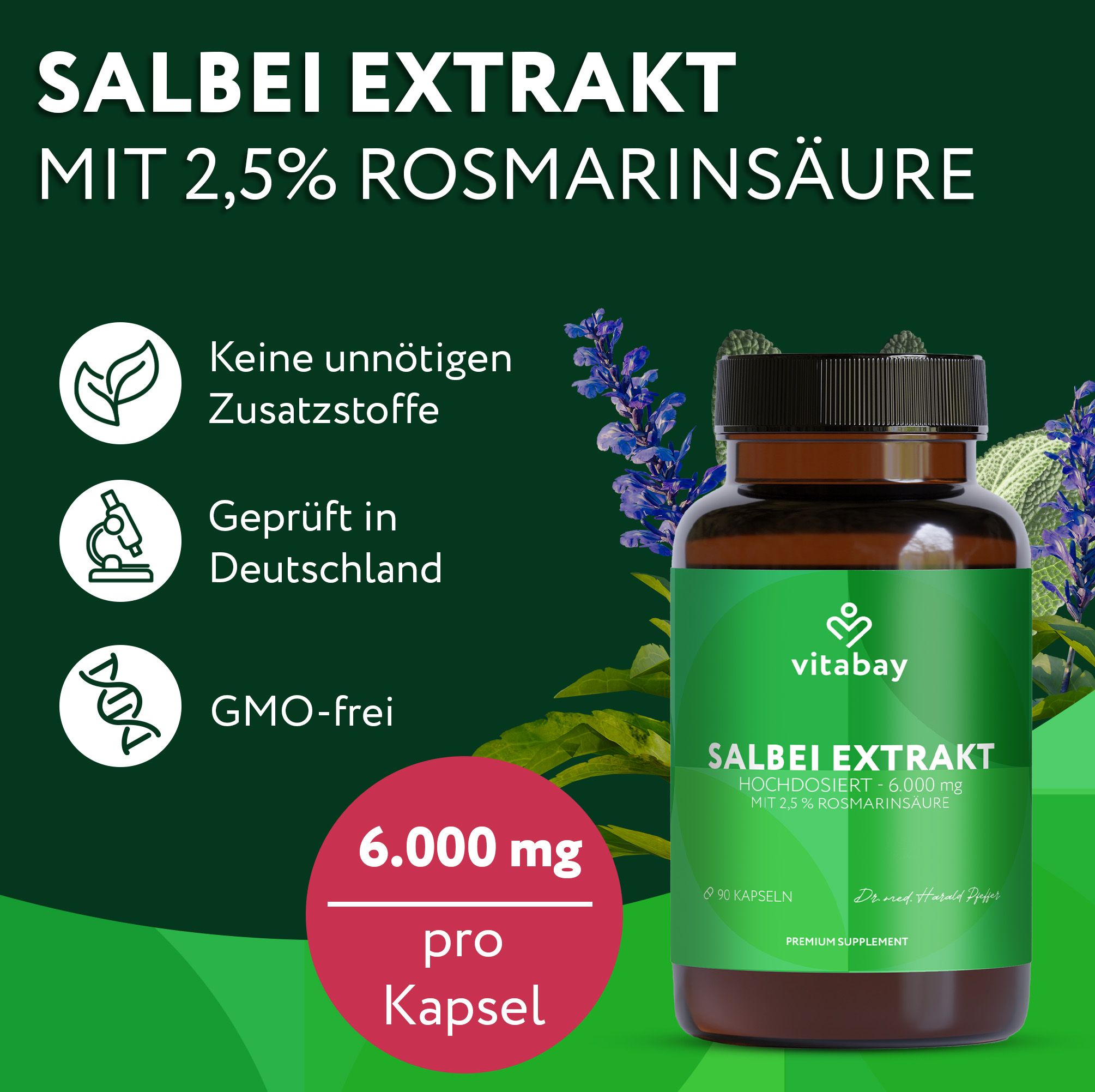 Vitabay Salbei Extrakt Dose: 6000 mg pro Kapsel, keine Zusatzstoffe, geprüft in Deutschland, GMO-frei.
