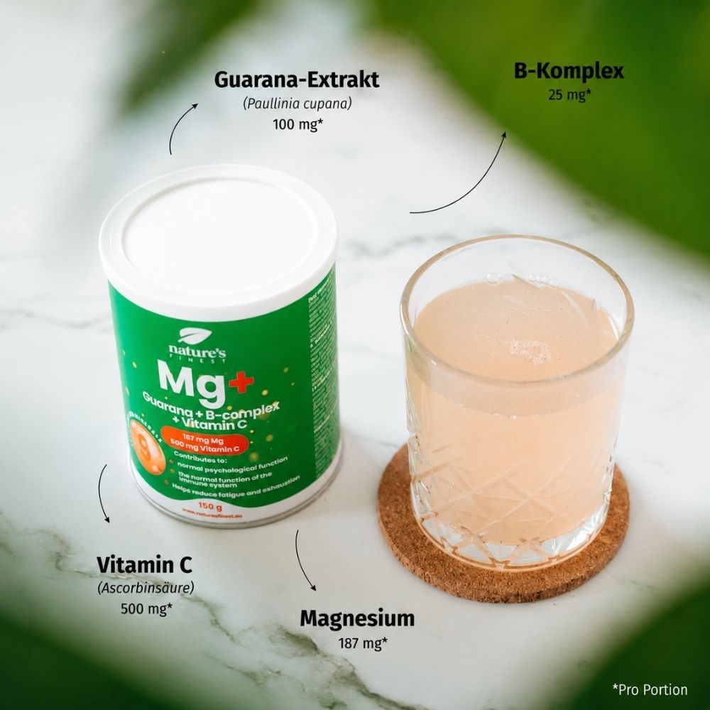Dose Nature's Finest Mg+ mit Hinweisen zu Guarana-Extrakt, B-Komplex, Vitamin C und Magnesium.