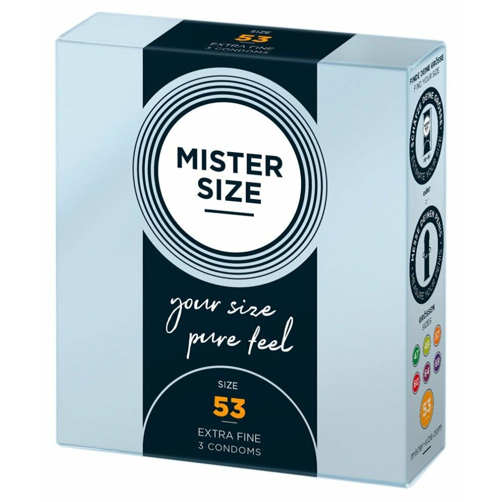 MISTER SIZE Kondomverpackung. Hellblau mit blauem Streifen. Text: MISTER SIZE, your size pure feel, 53, Extra Fine, 3 Kondome.