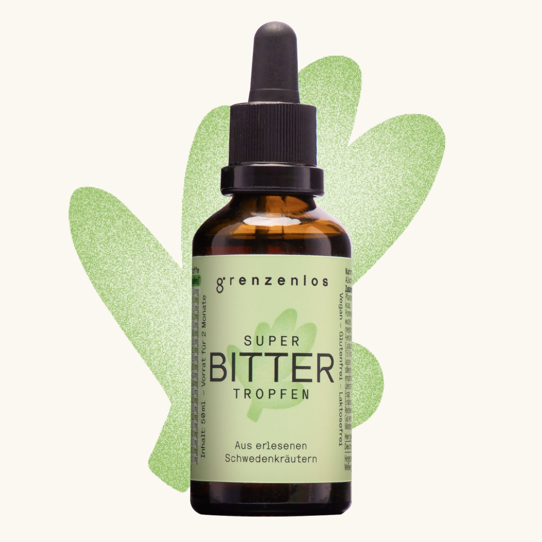 Flasche Super Bitter Tropfen mit Pipette. Umgeben von Kräutern und Erklärungen zu den Inhaltsstoffen.