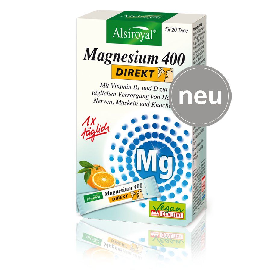 Verpackung von Alsiroyal Magnesium 400 Direkt. Weiß, mit grünen und blauen Elementen. Text: Magnesium 400 Direkt, Vegan.