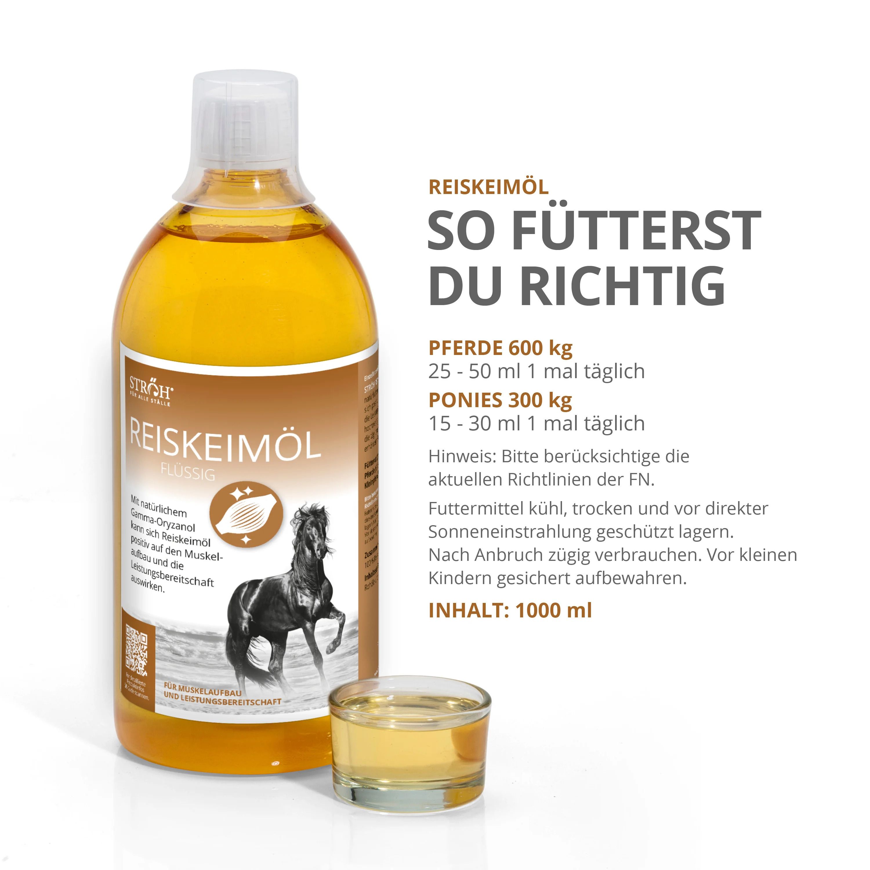 Flasche mit gelbem Öl und Glas. Etikett mit Logo, Produktname und Pferde-Illustration. Text über Fütterungsempfehlung.