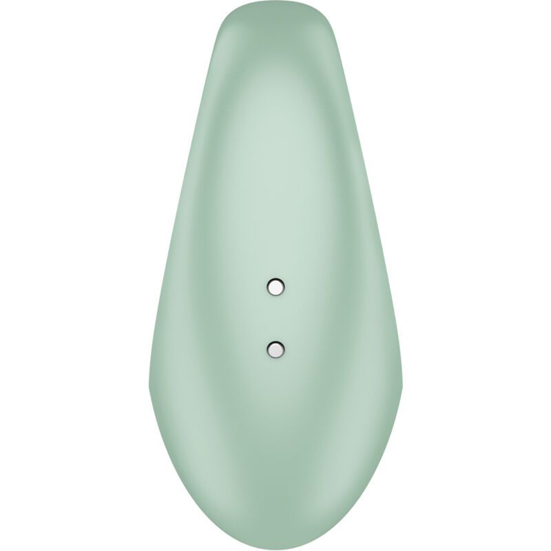 Grüner Finger-Vibrator. Tropfenförmig mit zwei Löchern. Glatte Oberfläche.