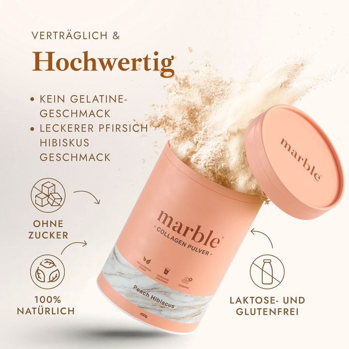 Geöffnete Dose mit Collagen Pulver. Text: Ohne Zucker, 100% natürlich, laktose- und glutenfrei. Leckerer Pfirsich-Hibiskus Geschmack.