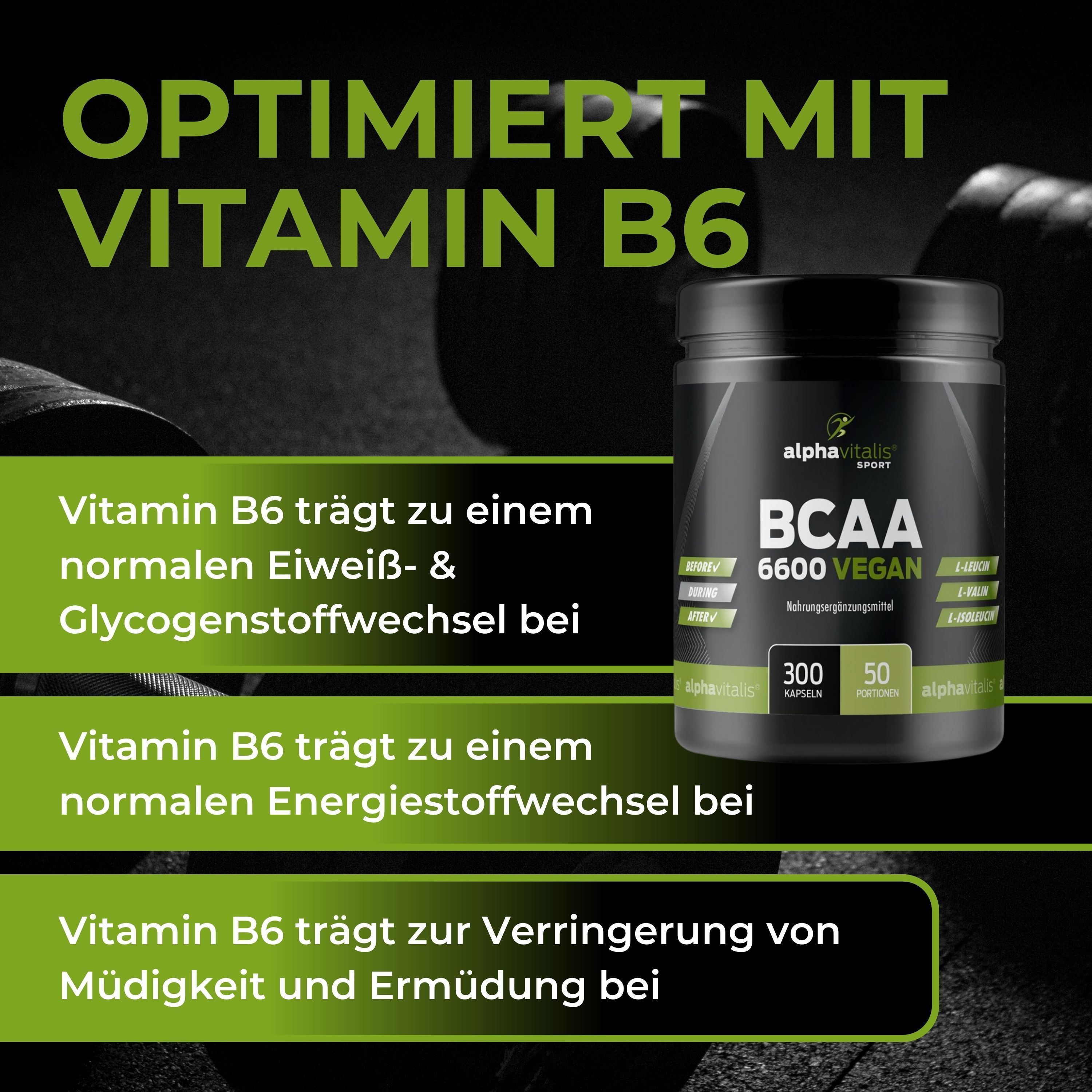 Schwarze Dose mit BCAA Kapseln. Text: Optimiert mit Vitamin B6. AlphaVitalis Sport Logo. 300 Kapseln.
