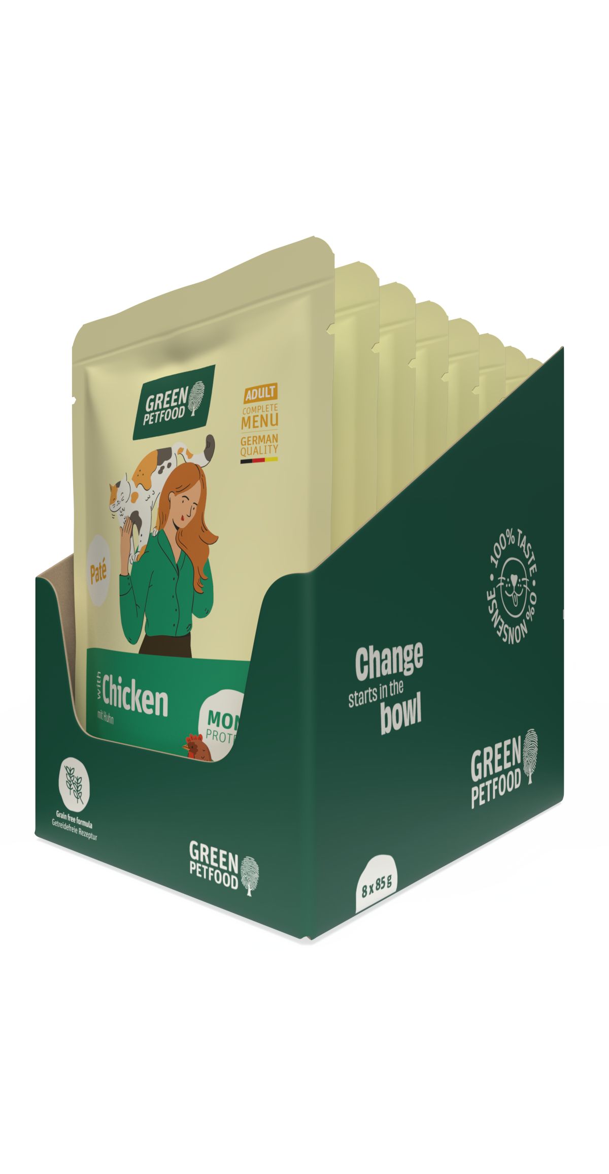 Green Petfood Katzenfutter Paté mit Huhn, 8x85g Packung.