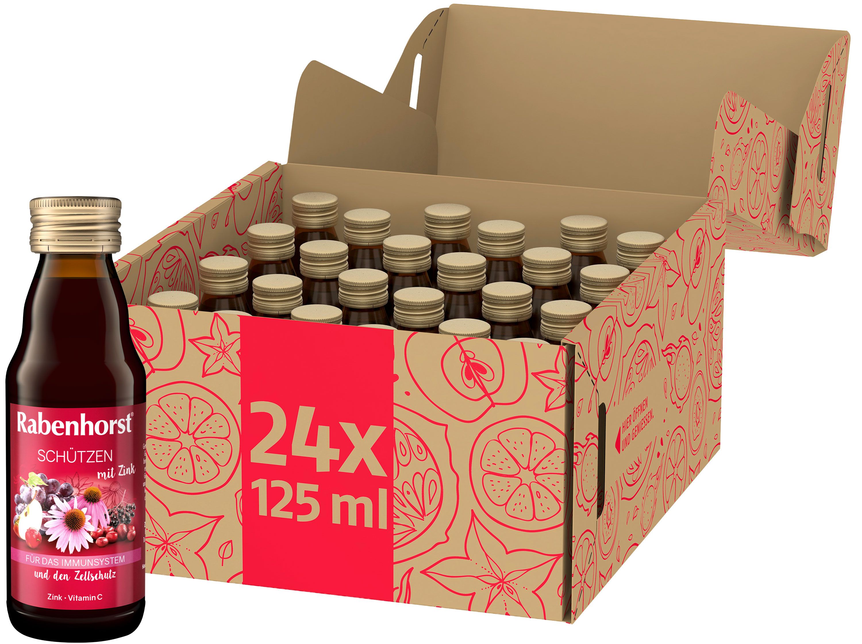 Rabenhorst Schützen mit Zink Mini-Flasche neben einer geöffneten Kartonverpackung mit weiteren Flaschen. Aufdruck: 24x 125 ml.