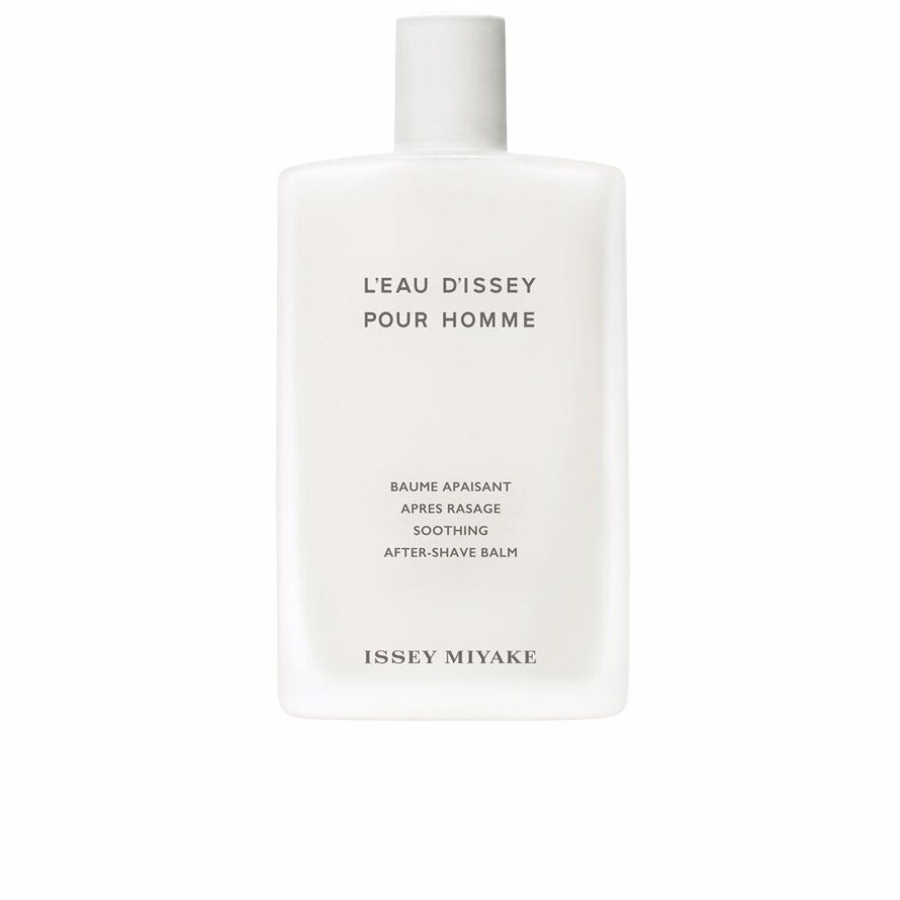 Weißer Flakon mit Aufschrift L'Eau d'Issey pour Homme. Text: Baume Apaisant, Après Rasage, Soothing, After-Shave Balm. Marke: Issey Miyake.