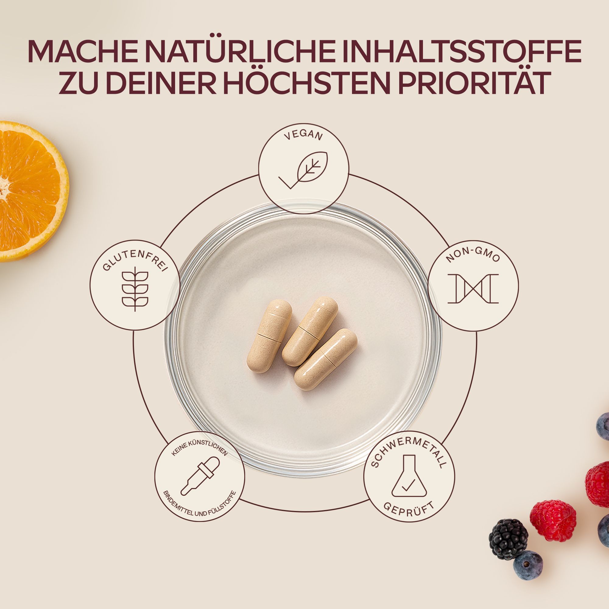 Kapseln in einer Schale. Symbole: Vegan, glutenfrei, non-GMO, etc.