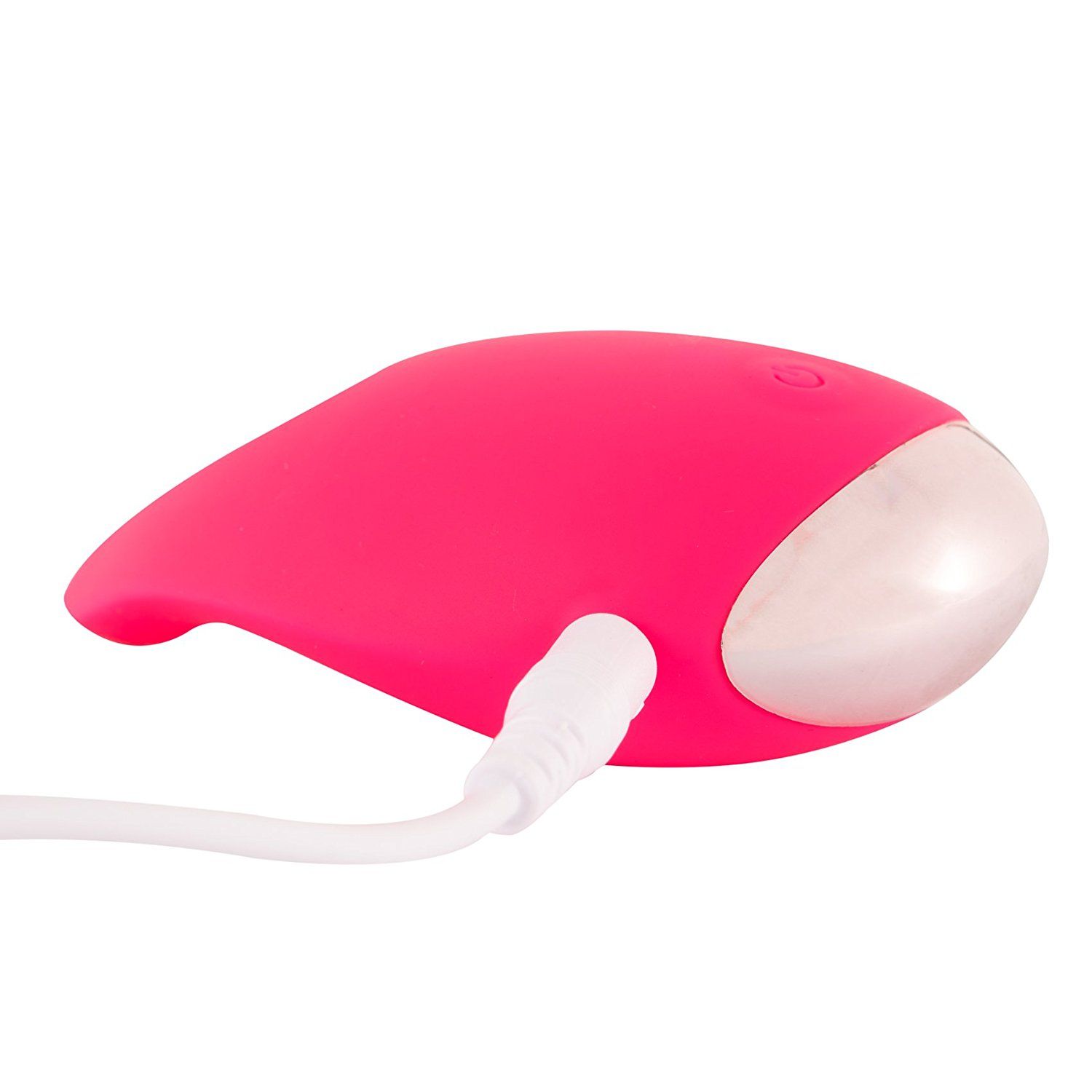 Rosa Silikon-Stimulator mit Ladekabel. Tropfenform. Silberfarbene Unterseite. Weißes Kabel.