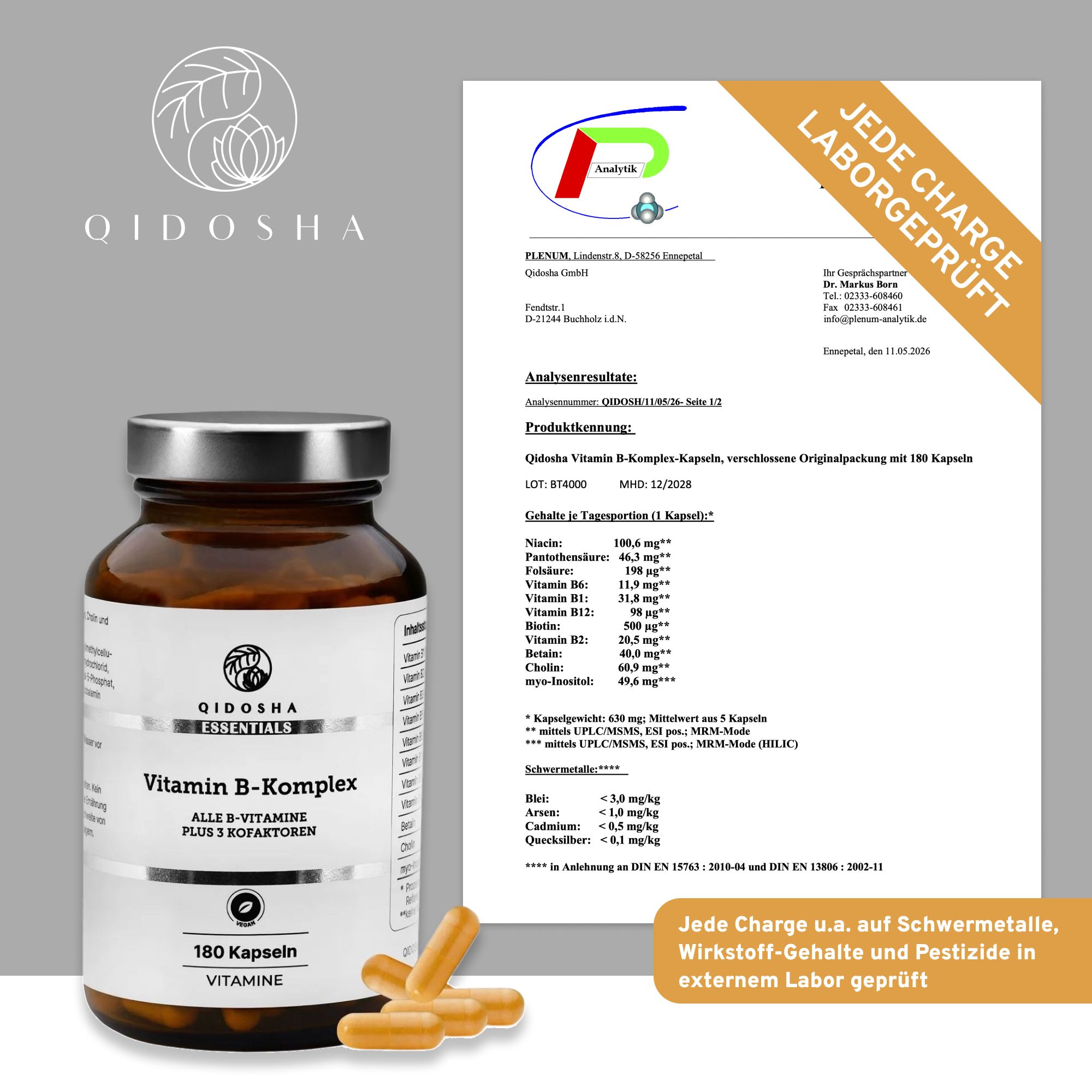 QIDOSHA Vitamin B-Komplex Flasche mit Laborprüfbericht und Siegeln.
