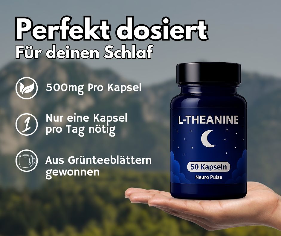 Hand hält Flasche L-Theanine. Text: Perfekt dosiert, Für deinen Schlaf. 500mg pro Kapsel, 1 Kapsel pro Tag, Aus Grüntee gewonnen.