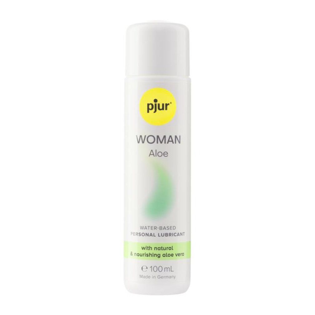 pjur WOMAN Aloe Gleitmittel, 100ml Flasche mit Aloe Vera Aufdruck.