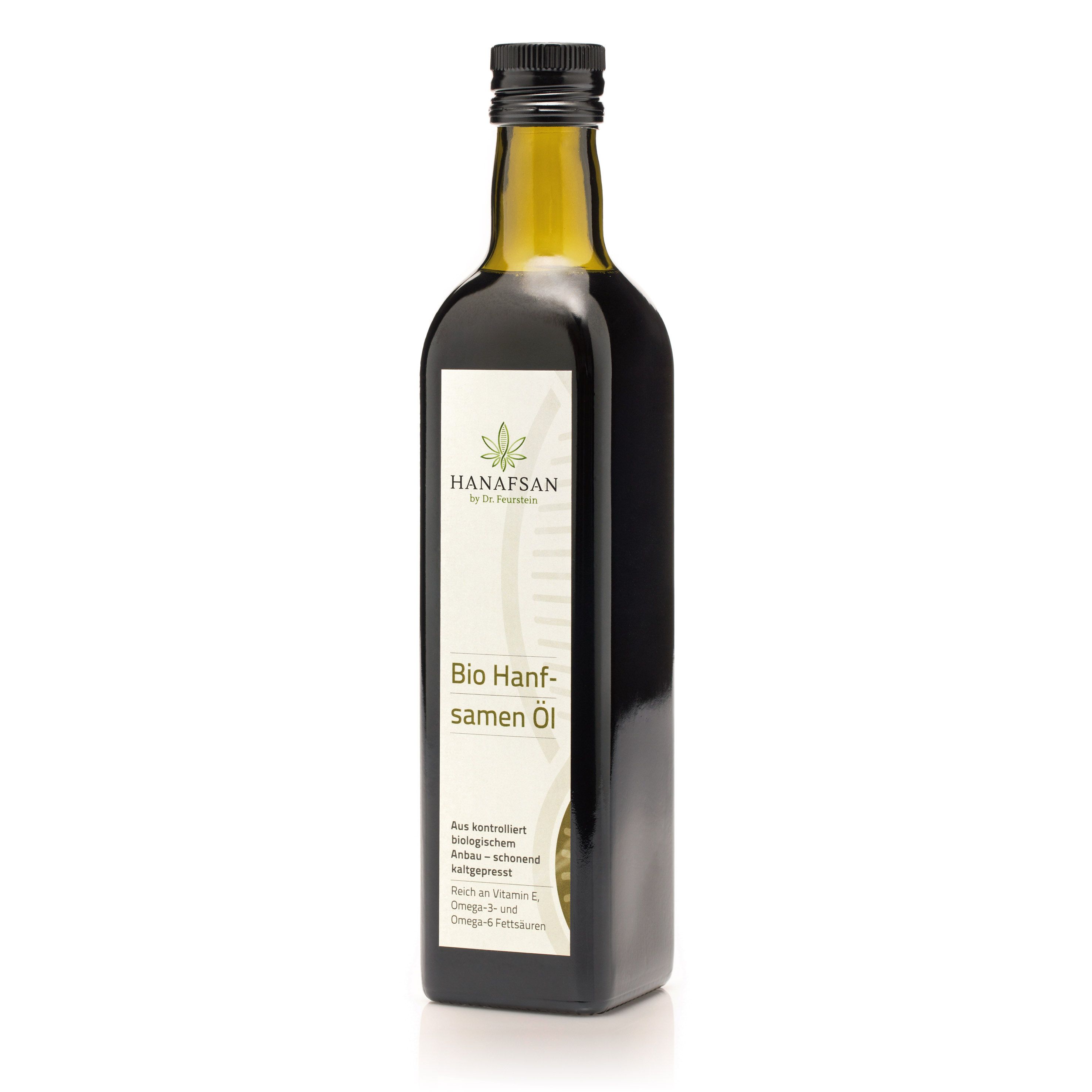 Braune Glasflasche mit schwarzem Deckel und Etikett. Aufschrift: HANAFSAN Bio Hanfsamen Öl.