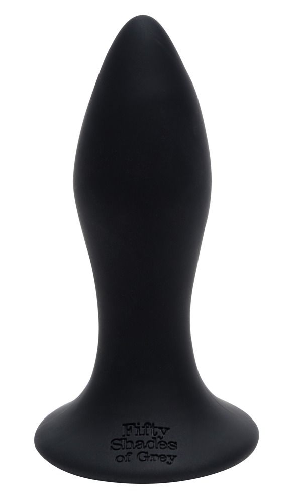 Schwarzer, konischer Analplug. Basis mit Schriftzug 'Fifty Shades of Grey'.
