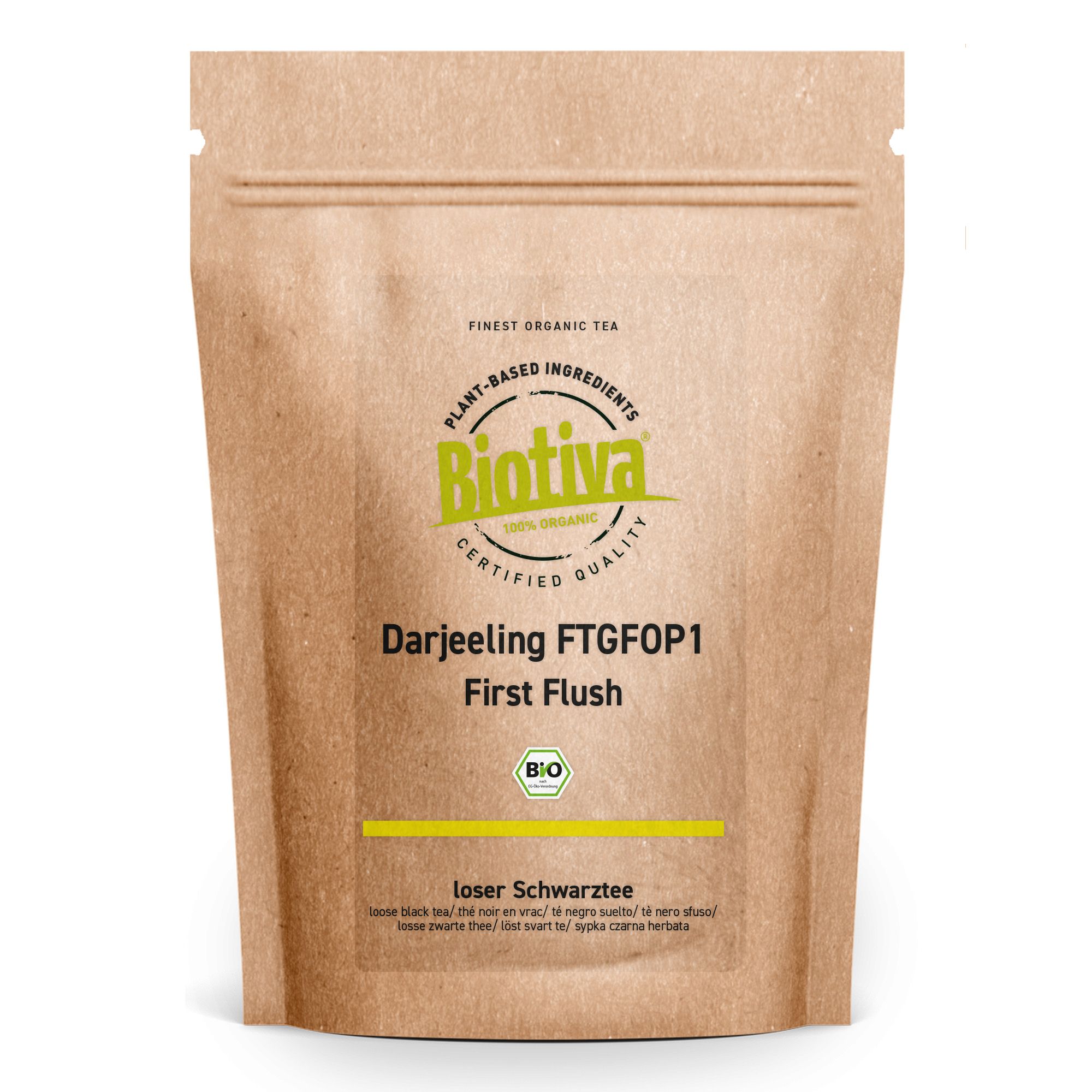 Braune Papierverpackung mit Biotiva-Logo und Aufschrift Darjeeling FTGFOP1 First Flush. Bio-Siegel.