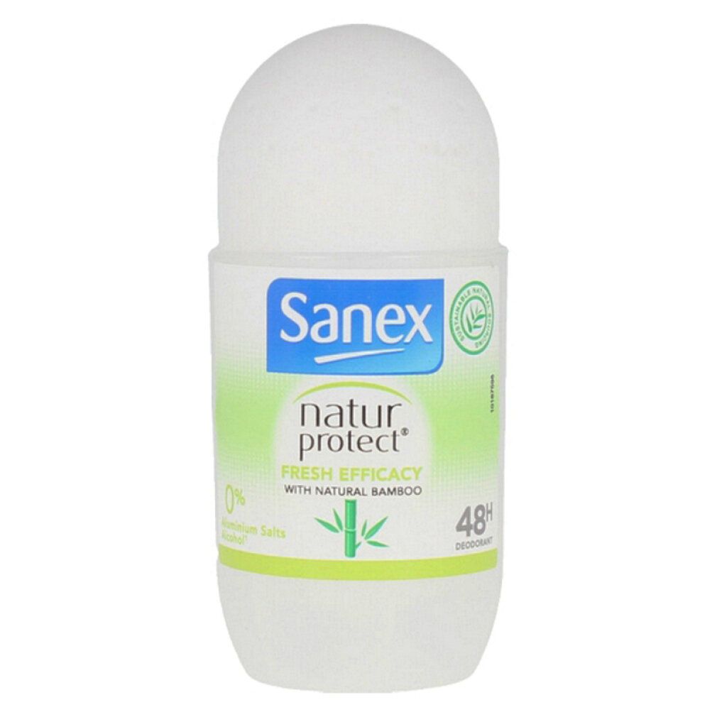 Weißer Roll-On-Deo mit Sanex-Logo und Natur Protect-Schriftzug. Enthält Bambus-Extrakt. 48h Schutz.