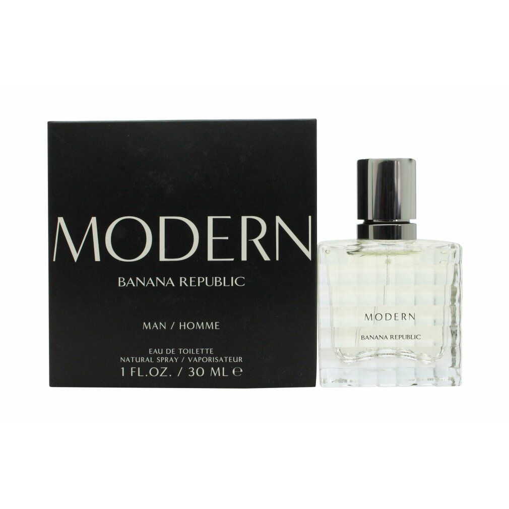 Schwarzer Karton und quadratische Glasflasche. Aufschrift: MODERN, BANANA REPUBLIC, MAN/HOMME, Eau de Toilette.