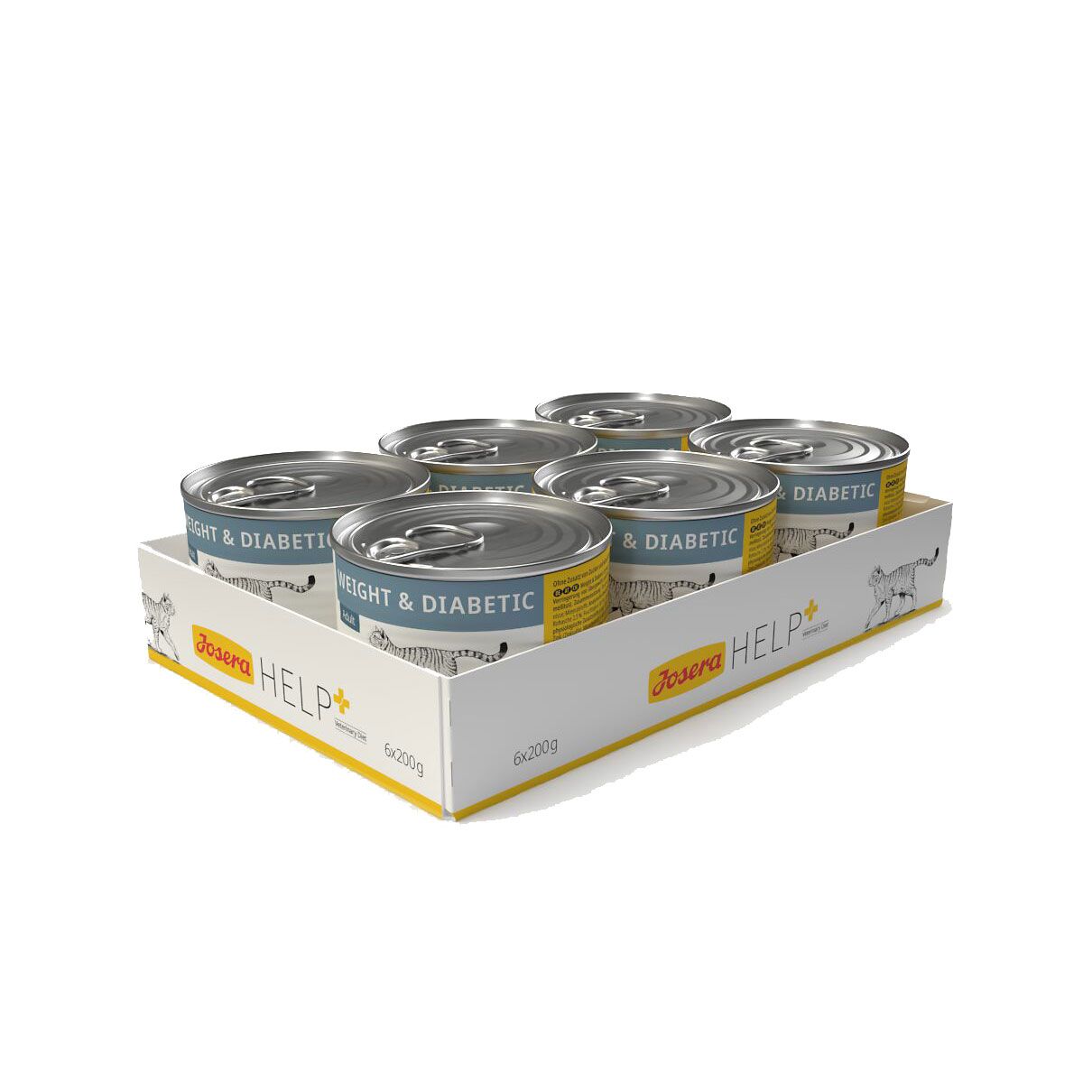 Sechs Dosen Josera Help+ Weight & Diabetic Katzenfutter in einer Pappschale.