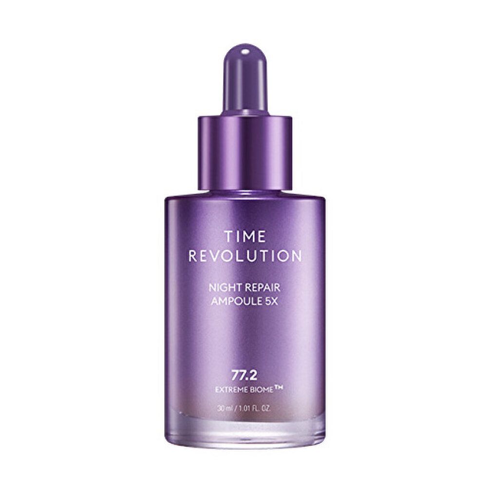 Lila Glasflasche mit Pipettenaufsatz, "Time Revolution Night Repair Ampoule 5X" Aufschrift.