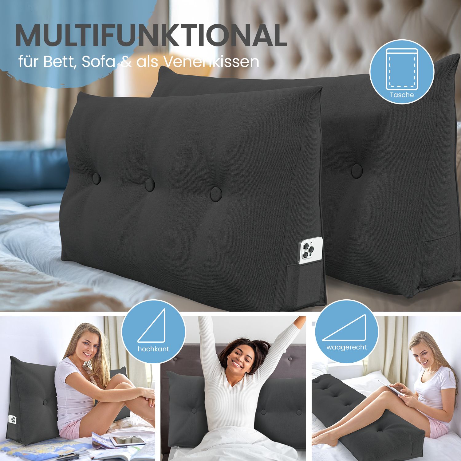 Graue Stützkissen mit Knöpfen. Mehrere Anwendungsbeispiele. Text: "MULTIFUNKTIONAL". Mit Tasche und Smartphone-Symbol.