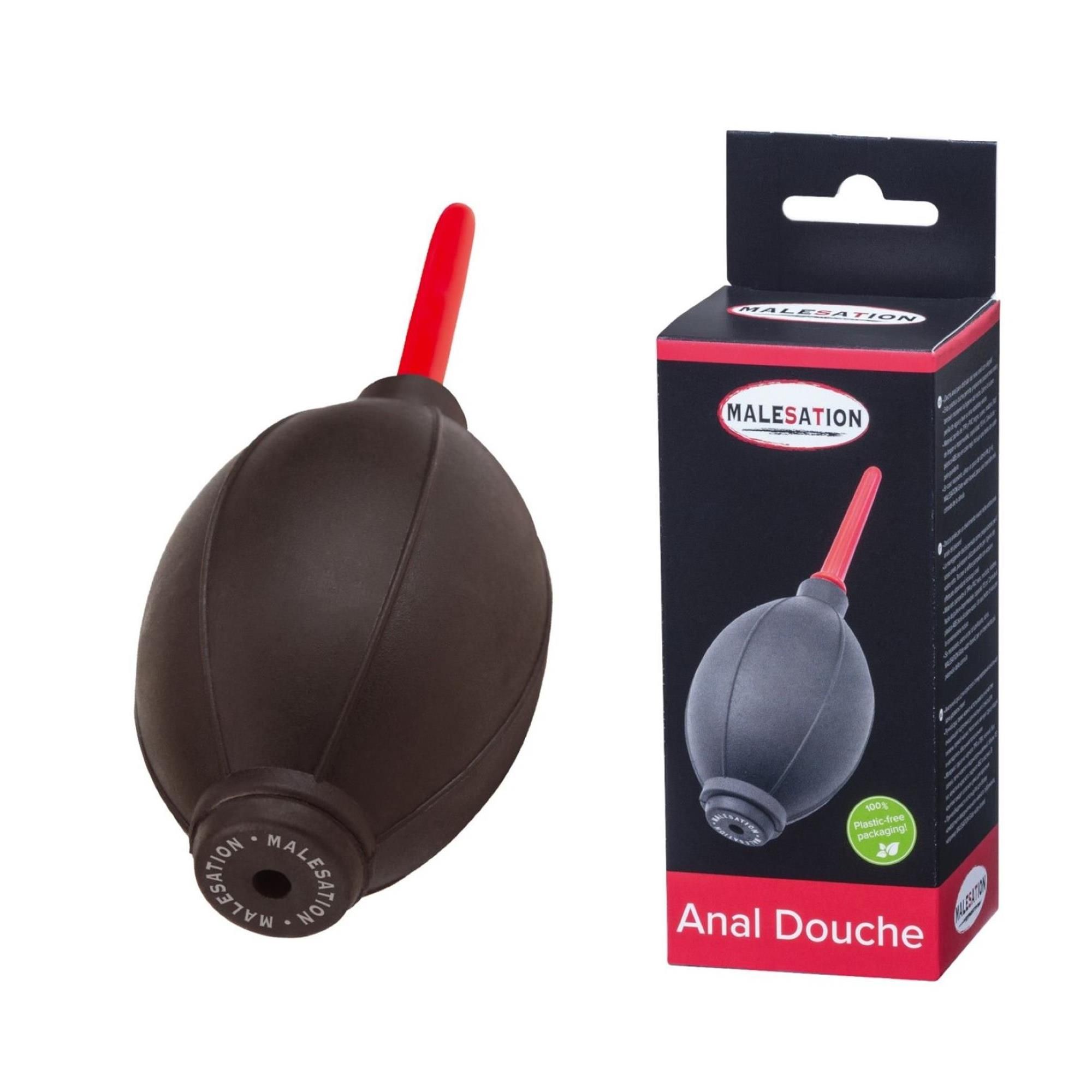 Anal-Douche, schwarz, mit roter Spitze. Verpackung mit Produktabbildung und Schriftzug MALESATION, Anal Douche.