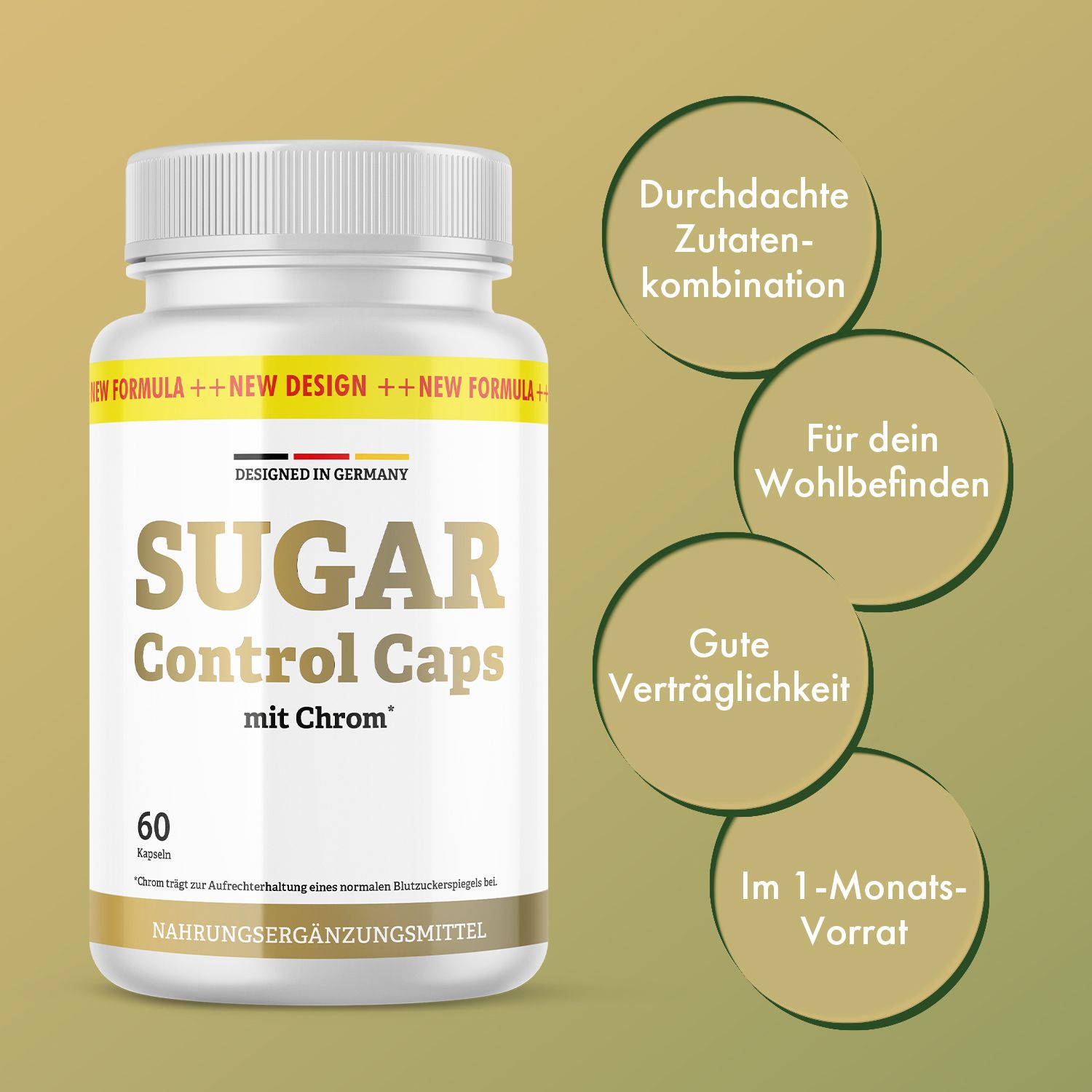 Weiße Flasche SUGAR Control Caps mit gelbem Etikett. Aufschrift: SUGAR Control Caps mit Chrom. 60 Kapseln. Kreise mit Vorteilen.