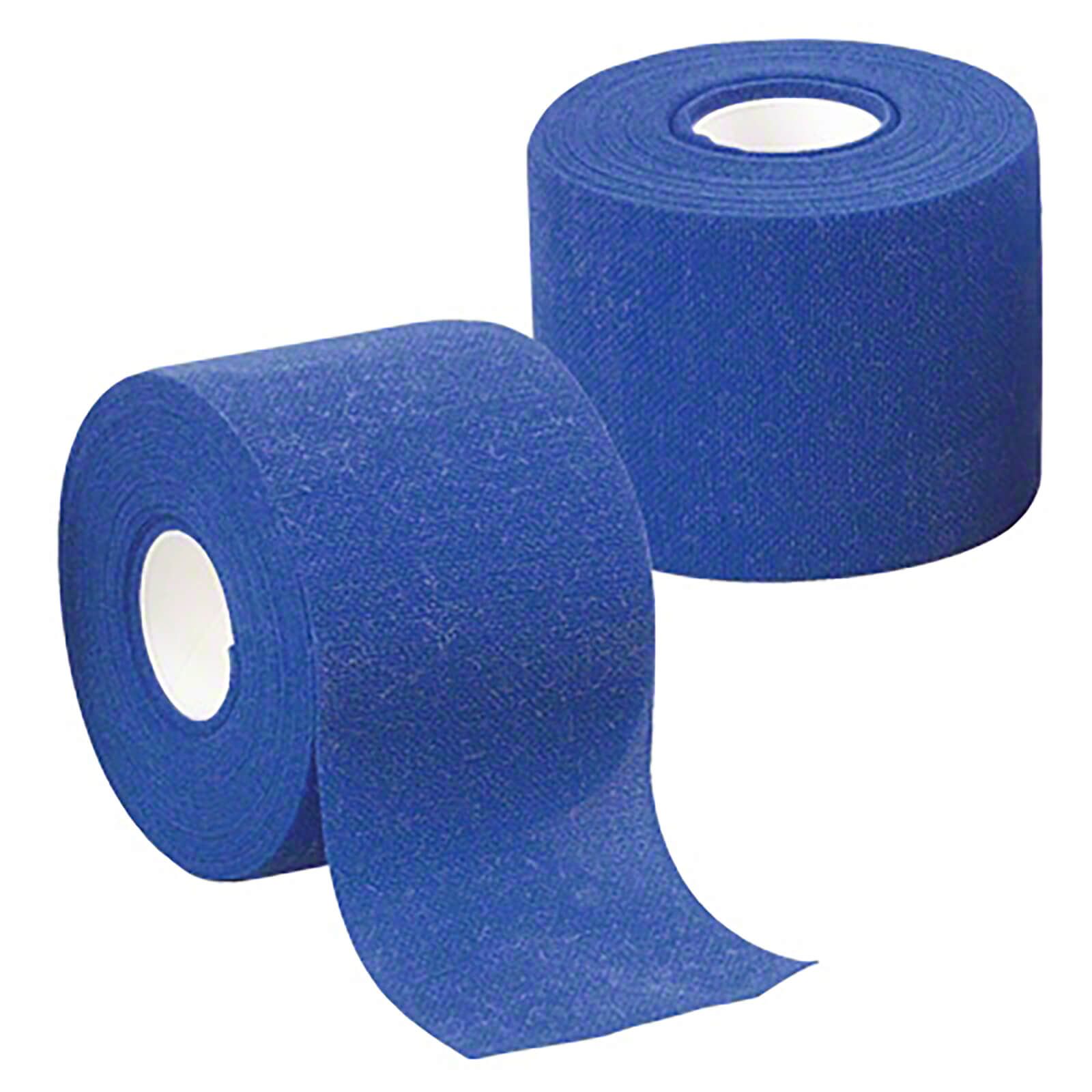 Zwei Rollen blaues, kohäsives Fixierbinden-Tape. Eine Rolle teilweise abgerollt. Weißer Kern sichtbar.