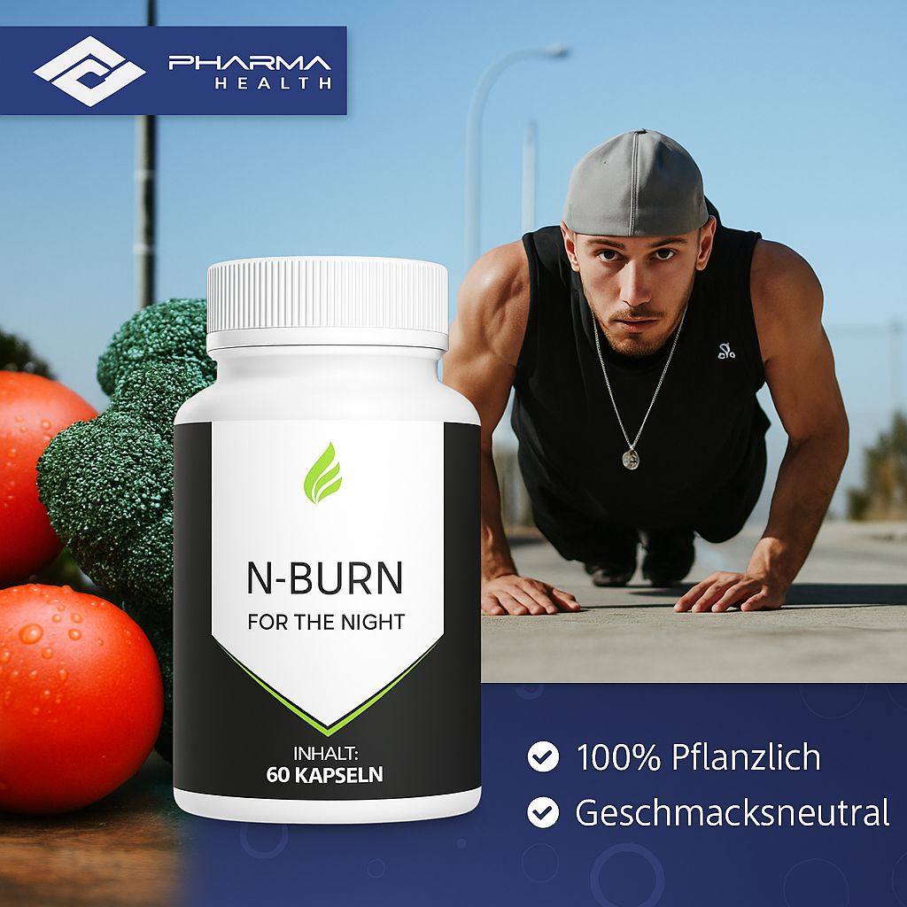 N-Burn for the Night Flasche. Text: 100% pflanzlich, geschmacksneutral. Mann beim Training.