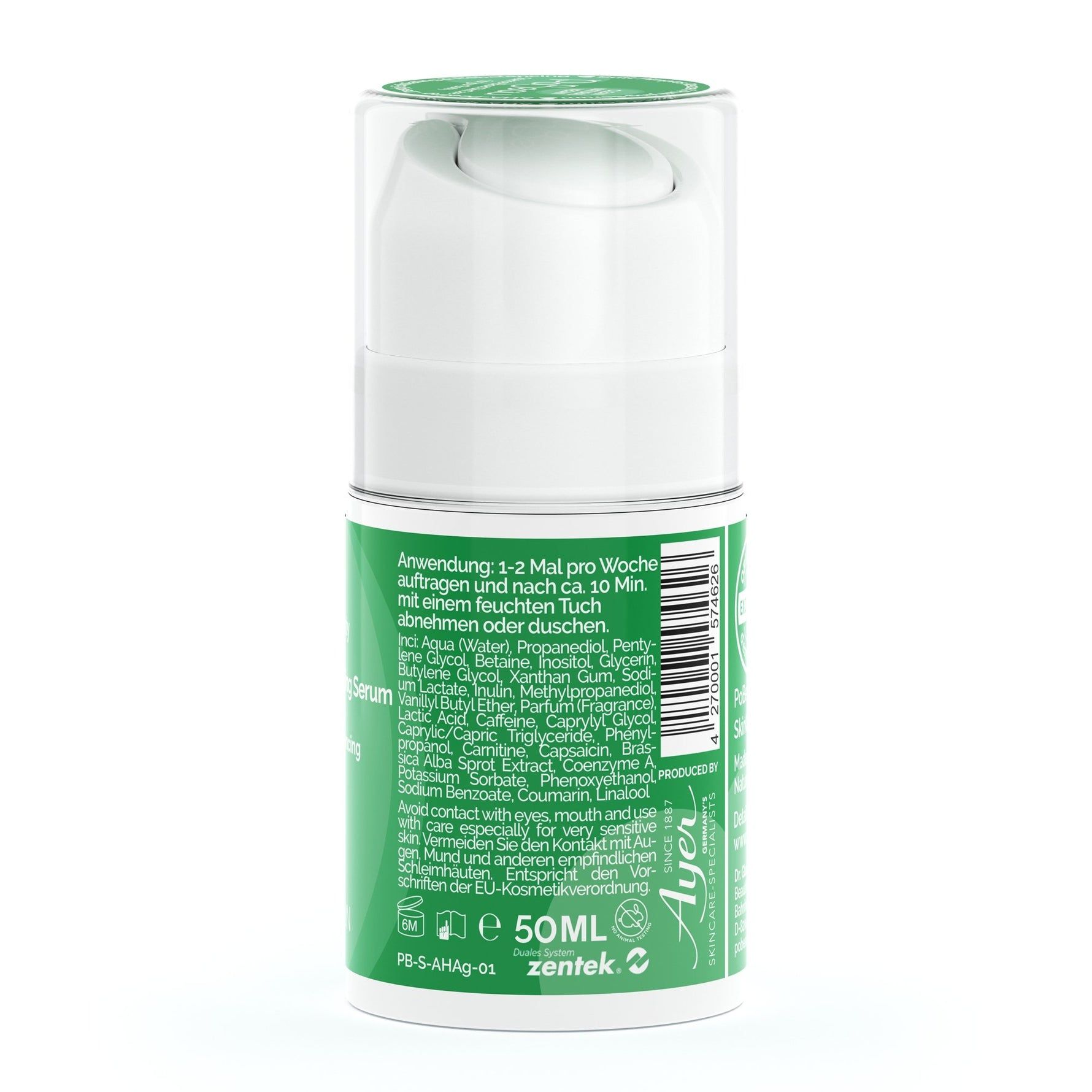 Weiße Flasche mit grünem Etikett. Aufschrift: Pobeau, Butt Pimples Rescue & Purifying Serum. Text: 50ml. Inhaltsstoffe.
